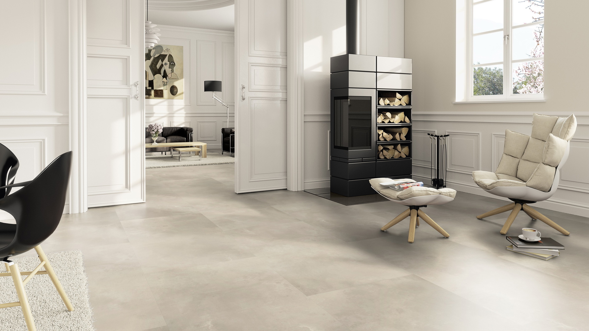 Milieubild Wohnzimmer im Landhaus-Stil mit Kamin - ter Hürne Klebe-Designboden Avatara Pro Stone Edition Stein Nemesis Milieubild Wohnzimmer im Landhaus-Stil mit Kamin - ter Hürne 1101270301