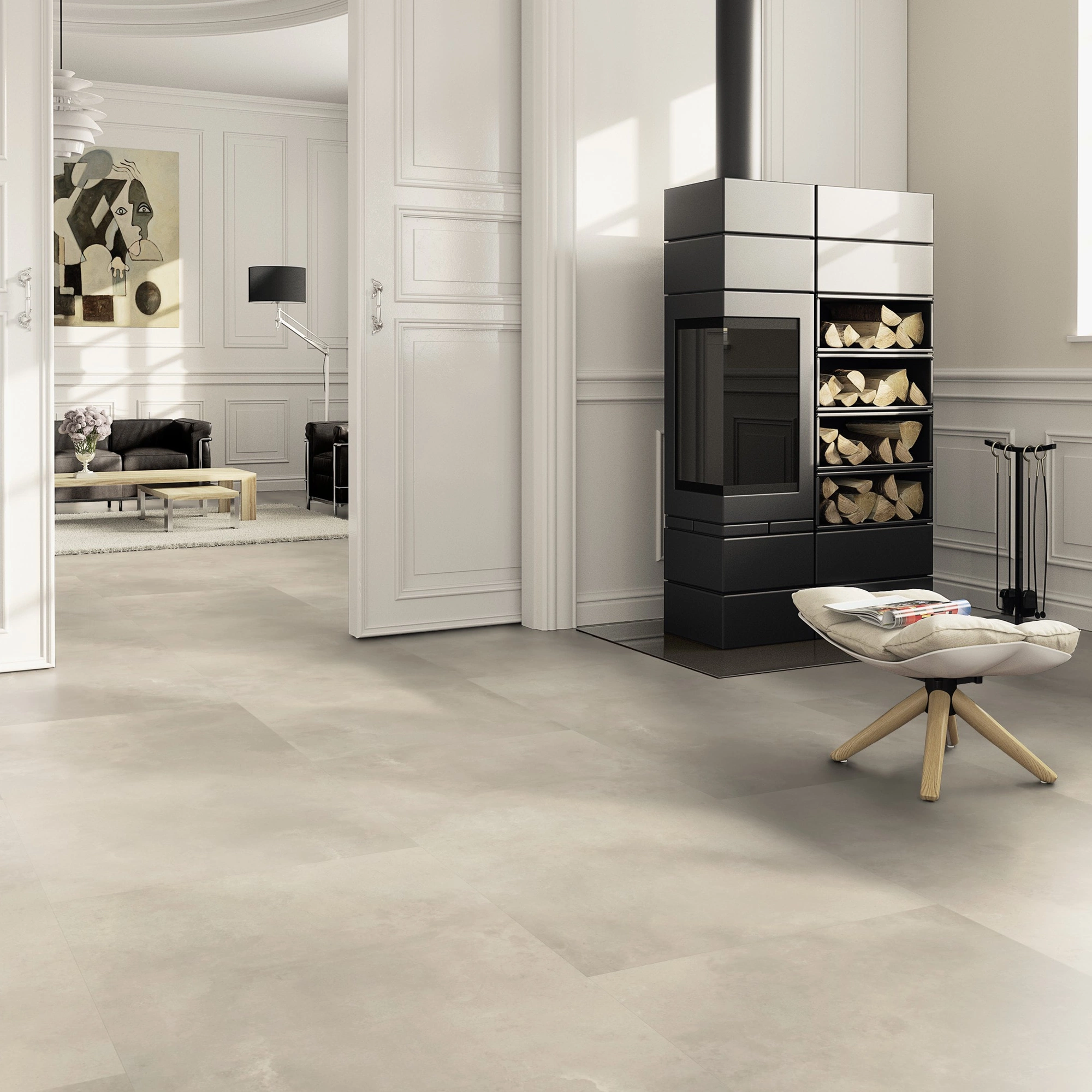 Milieubild Wohnzimmer im Landhaus-Stil mit Kamin - ter Hürne Klebe-Designboden Avatara Pro Stone Edition Stein Nemesis Milieubild Wohnzimmer im Landhaus-Stil mit Kamin - ter Hürne 1101270301