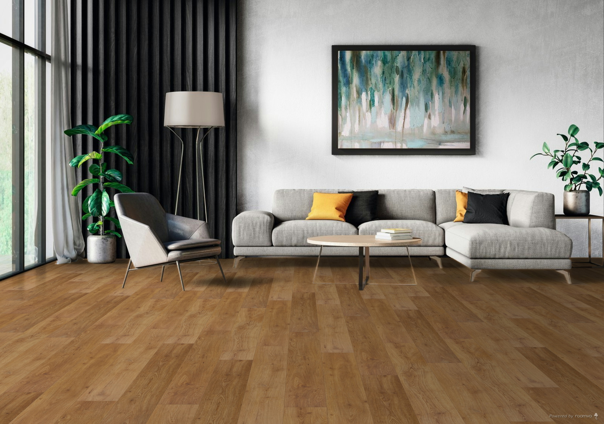 Milieubild Modernes Wohnzimmer mit Sessel und Sofa - BerryAlloc Klebe-Vinyl Zenn Gluedown 55 Caïro Milieubild Modernes Wohnzimmer mit Sessel und Sofa - BerryAlloc 60002256