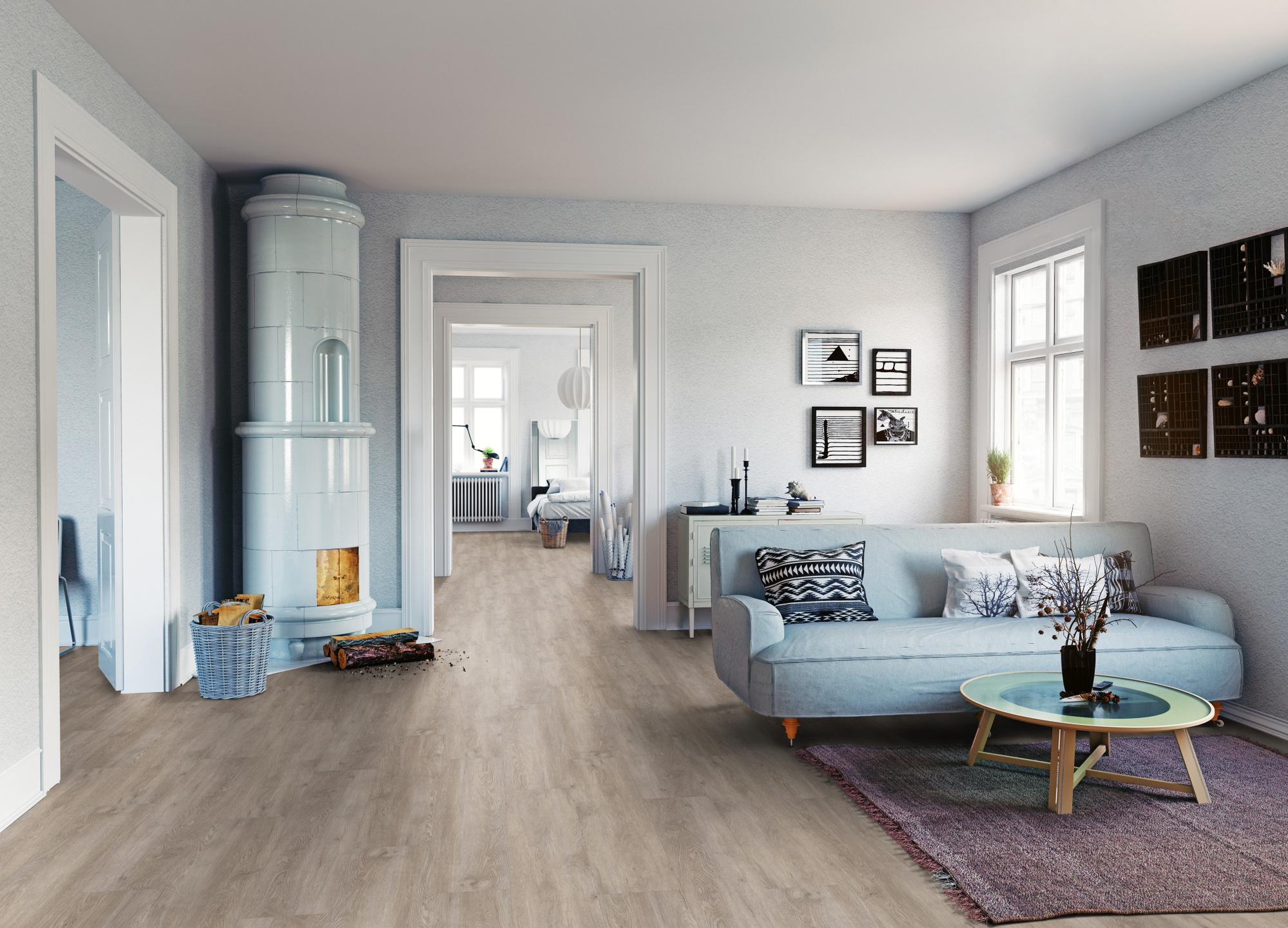 Milieubild Wohnzimmer mit Sofa und Kachelofen - ter Hürne Klebe-Vinyl Pro Classic Choice Eiche Oslo Milieubild Wohnzimmer mit Sofa und Kachelofen - ter Hürne 1101210602