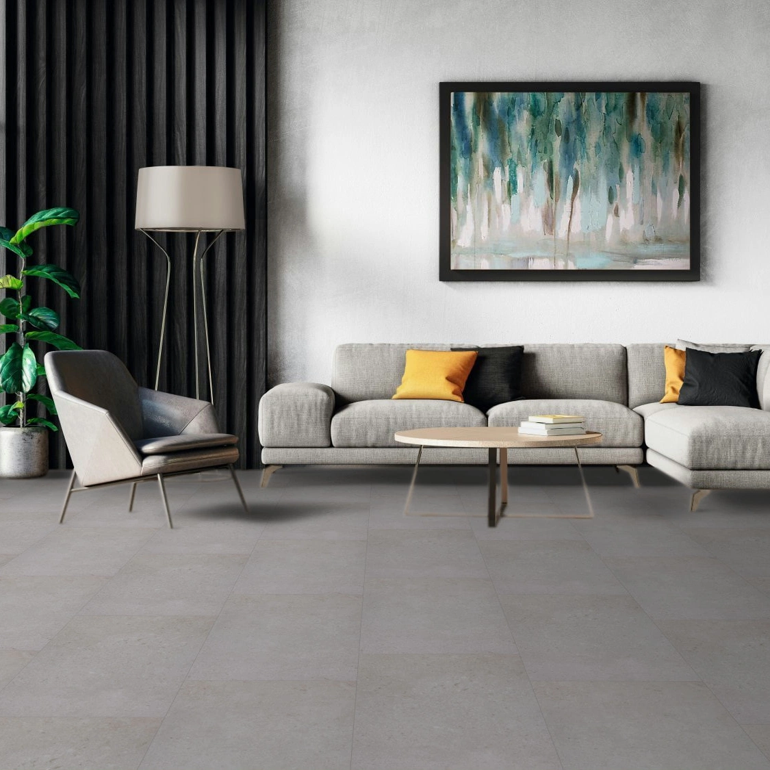 Milieubild Modernes Wohnzimmer mit Sessel und Sofa - BerryAlloc Klebe-Vinyl Zenn Gluedown 30 Bali Milieubild Modernes Wohnzimmer mit Sessel und Sofa - BerryAlloc 60002226