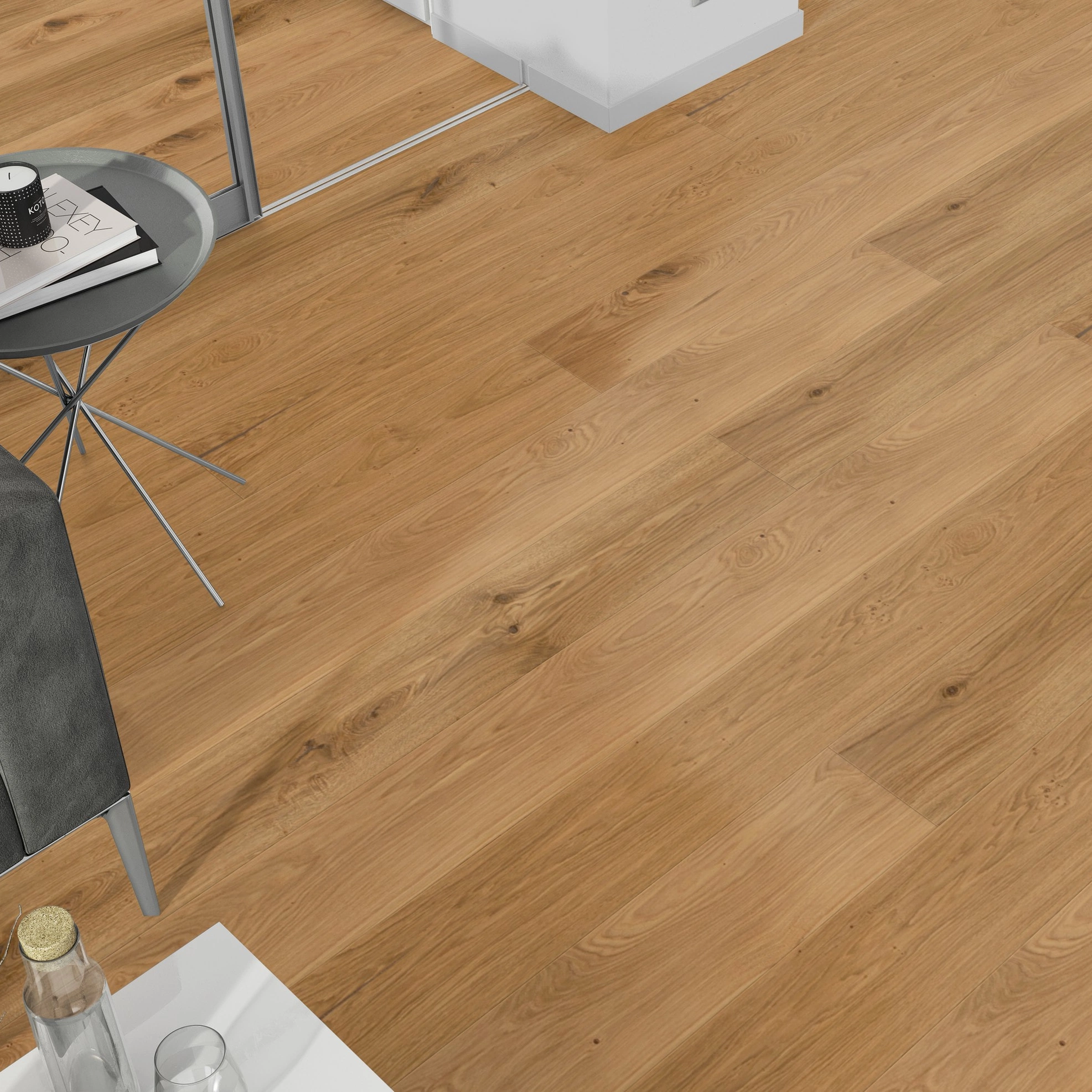 Milieubild Wohnzimmer mit grauem Sofa - Blick von oben - Admonter Parkett FLOORs Eiche Basic Milieubild Wohnzimmer mit grauem Sofa - Blick von oben - Admonter 106207
