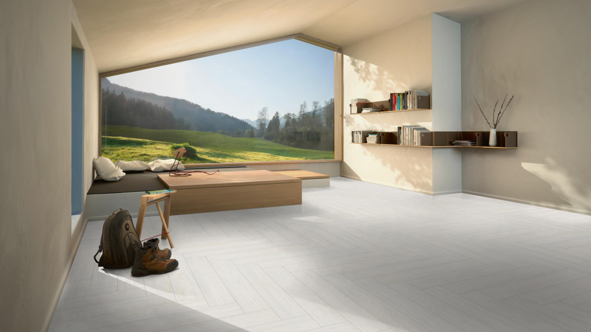 Milieubild Moderne Hütte mit Blick in die Natur - Parador HDF Klick-Designboden Modular ONE Fischgrät Lärche Apollo weiß Milieubild Moderne Hütte mit Blick in die Natur - Parador 1748739