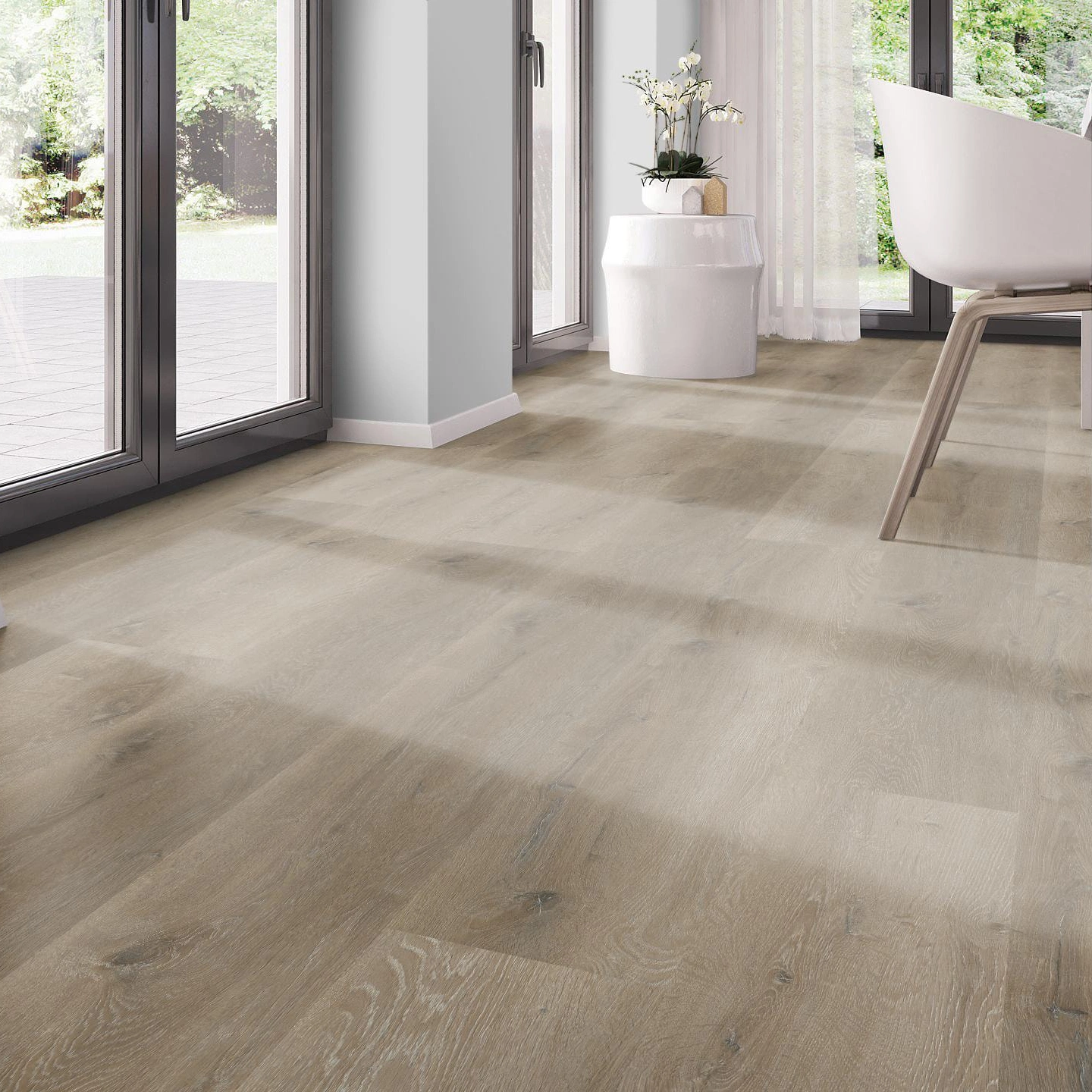 Milieubild Modernes Esszimmer - bodentiefe Perspektive - nexflor Rigid Klick-Vinyl Helios Click Collection Miletus Oak Milieubild Modernes Esszimmer - bodentiefe Perspektive - nexflor NXF-20030-002