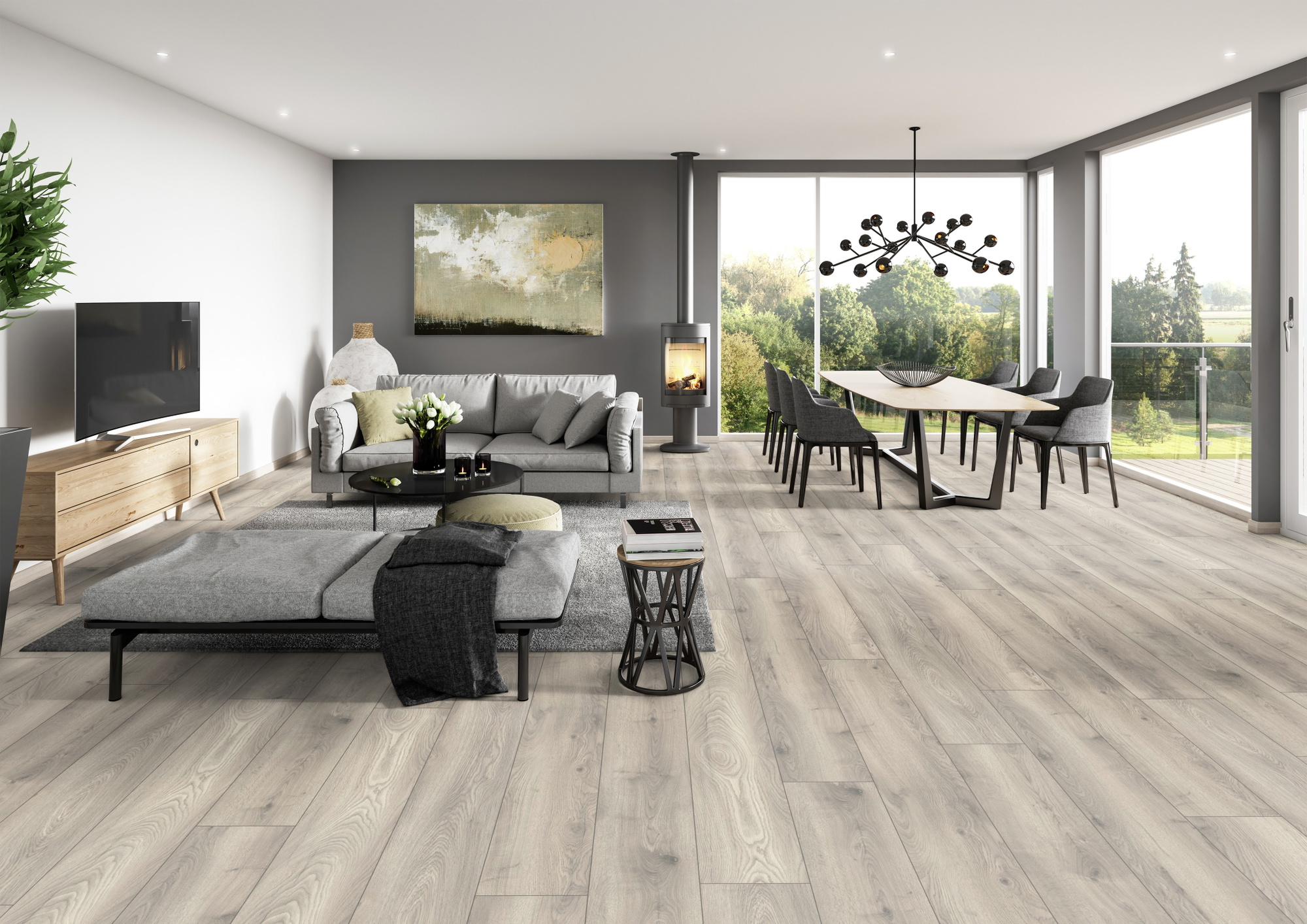 Milieubild Modernes Wohnzimmer mit Essbereich - ter Hürne HDF Klick-Designboden Dureco Silent Grand Edition Eiche Vanuatu Milieubild Modernes Wohnzimmer mit Essbereich - ter Hürne 1101330007