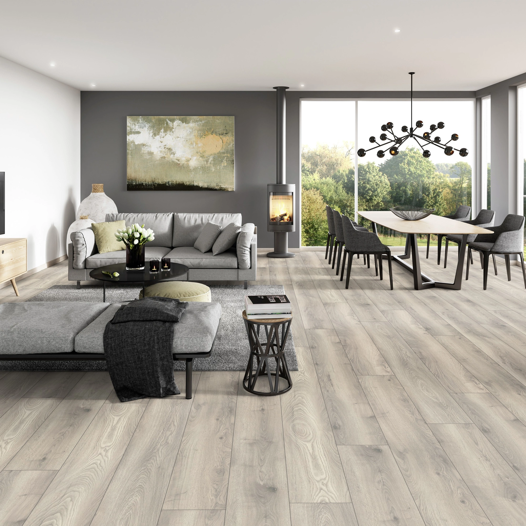 Milieubild Modernes Wohnzimmer mit Essbereich - ter Hürne HDF Klick-Designboden Dureco Silent Grand Edition Eiche Vanuatu Milieubild Modernes Wohnzimmer mit Essbereich - ter Hürne 1101330007