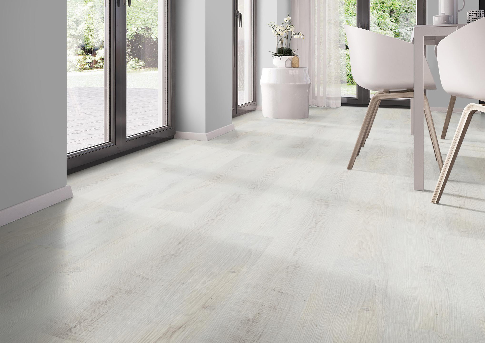 Milieubild Modernes Esszimmer - bodentiefe Perspektive - nexflor Rigid Klick-Vinyl Apollo Click Collection Pergamon Oak Milieubild Modernes Esszimmer - bodentiefe Perspektive - nexflor NXF-60030-008
