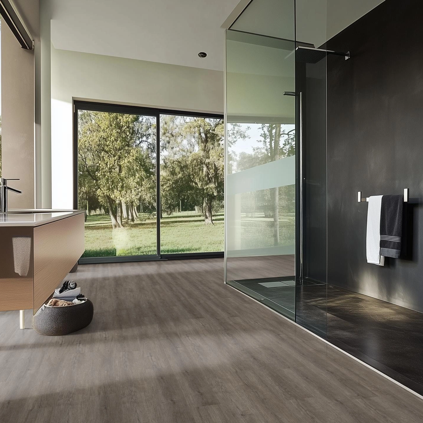 Milieubild Modernes Badezimmer mit bodentiefer Dusche - nexflor Rigid Klick-Vinyl Apollo Click Collection Sparta Oak Milieubild Modernes Badezimmer mit bodentiefer Dusche - nexflor NXF-60030-006