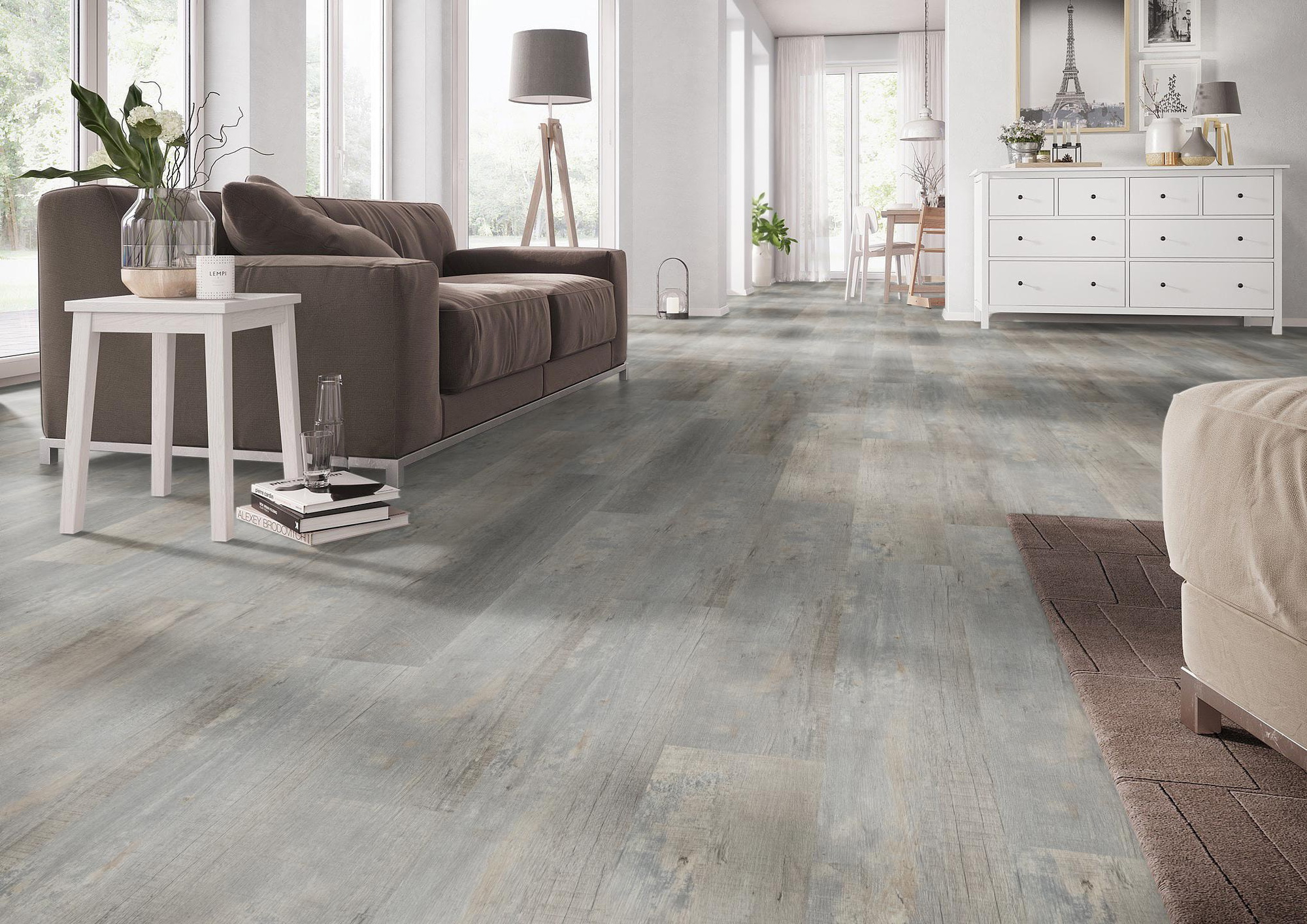 Milieubild Wohnzimmer mit Couch - nexflor Rigid Klick-Vinyl Apollo Click Collection Argos Oak Milieubild Wohnzimmer mit Couch - nexflor NXF-60030-011