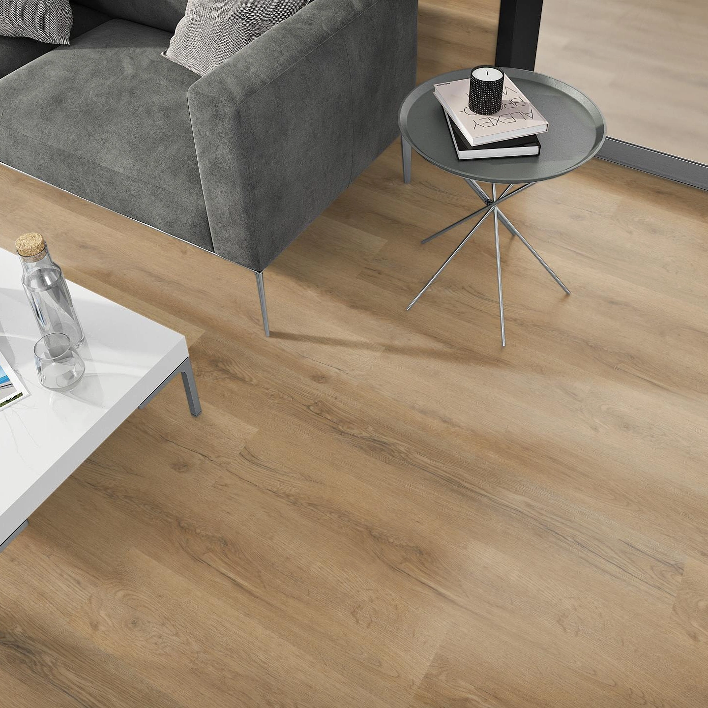 Milieubild Wohnzimmer - Sofa mit Beistelltisch und Glastür - nexflor Rigid Klick-Vinyl Artemis Click Collection Messene Oak Milieubild Wohnzimmer - Sofa mit Beistelltisch und Glastür - nexflor NXF-80055-002