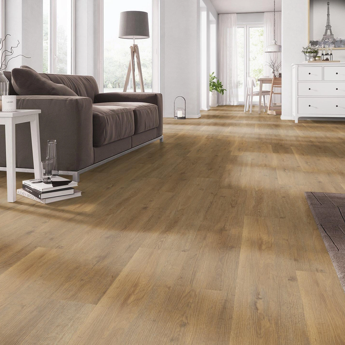 Milieubild Wohnzimmer mit Couch - nexflor Rigid Klick-Vinyl Apollo Click Collection Delphi Oak Milieubild Wohnzimmer mit Couch - nexflor NXF-60030-002