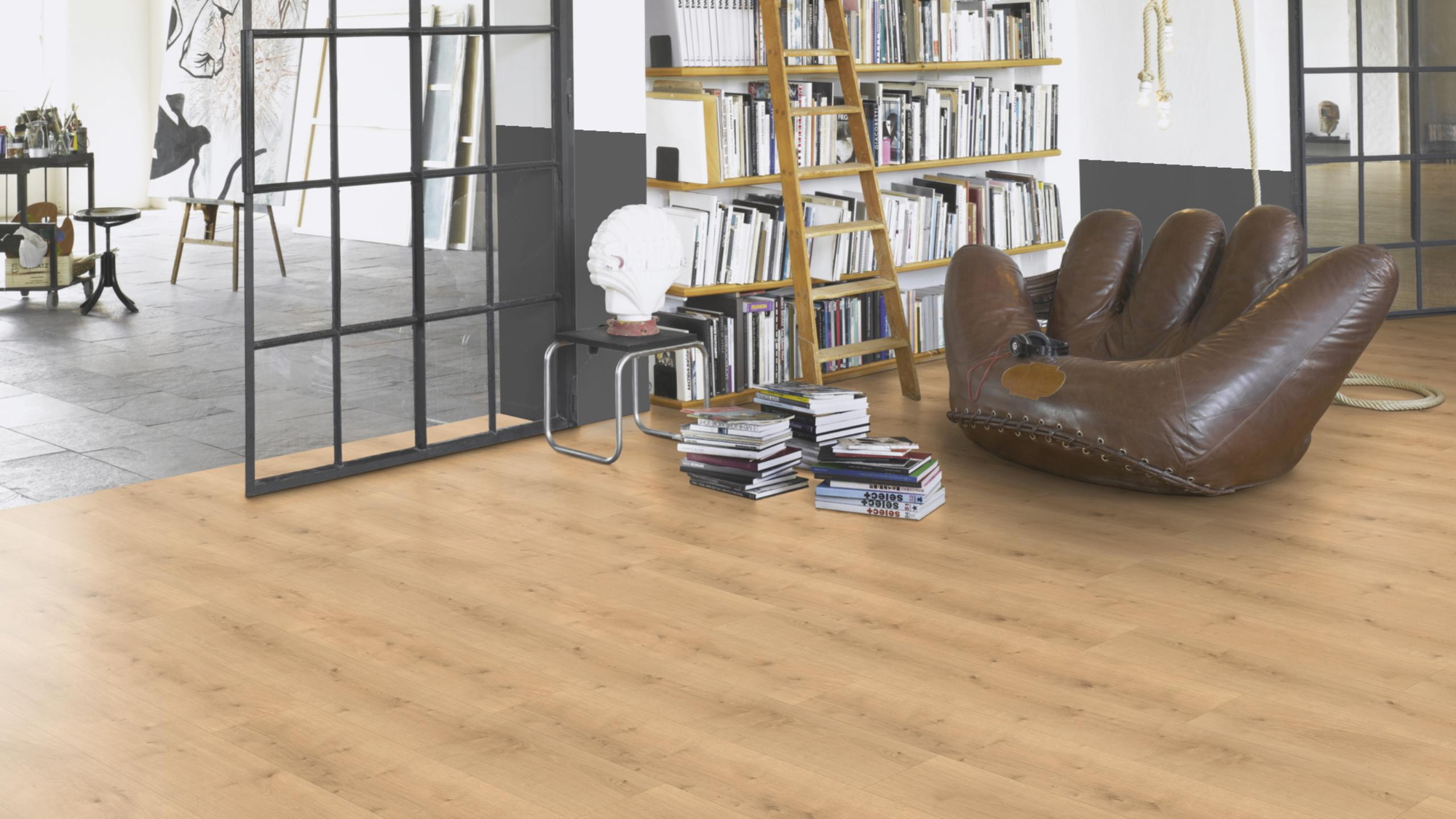 Milieubild Modernes Wohnzimmer mit Atelier - Parador HDF Klick-Designboden Modular ONE Eiche Pure natur Milieubild Modernes Wohnzimmer mit Atelier - Parador 1730802