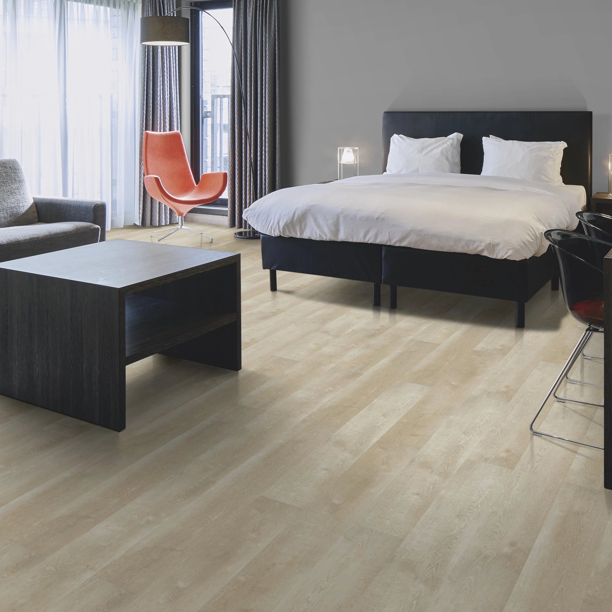 Milieubild Hotelzimmer mit Kingsize-Bett - Forbo Flooring Klebe-Vinyl Enduro Dryback Wood Natural White Oak Milieubild Hotelzimmer mit Kingsize-Bett - Forbo Flooring 217630