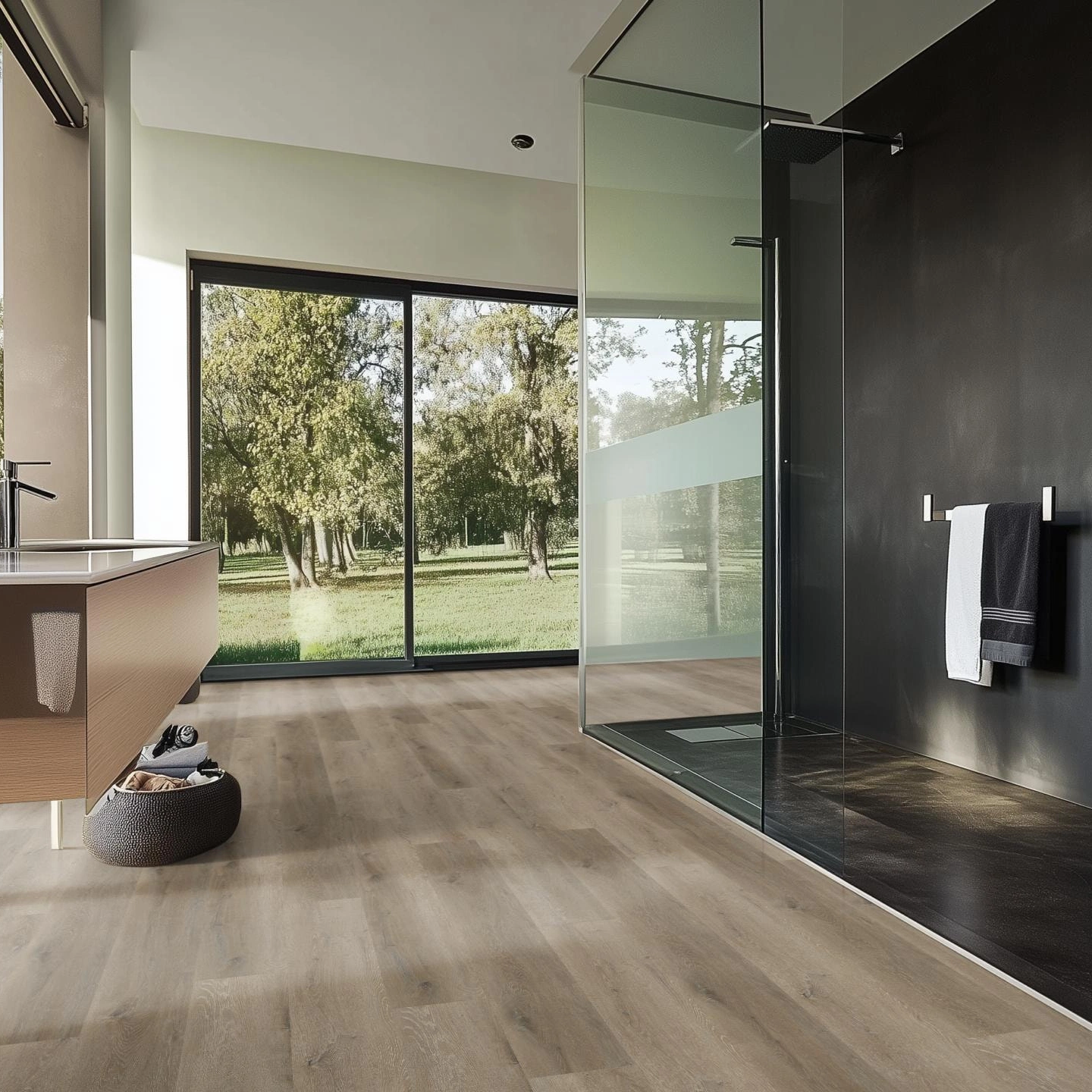 Milieubild Modernes Badezimmer mit bodentiefer Dusche - nexflor Rigid Klick-Vinyl Helios Click Collection Miletus Oak Milieubild Modernes Badezimmer mit bodentiefer Dusche - nexflor NXF-20030-002