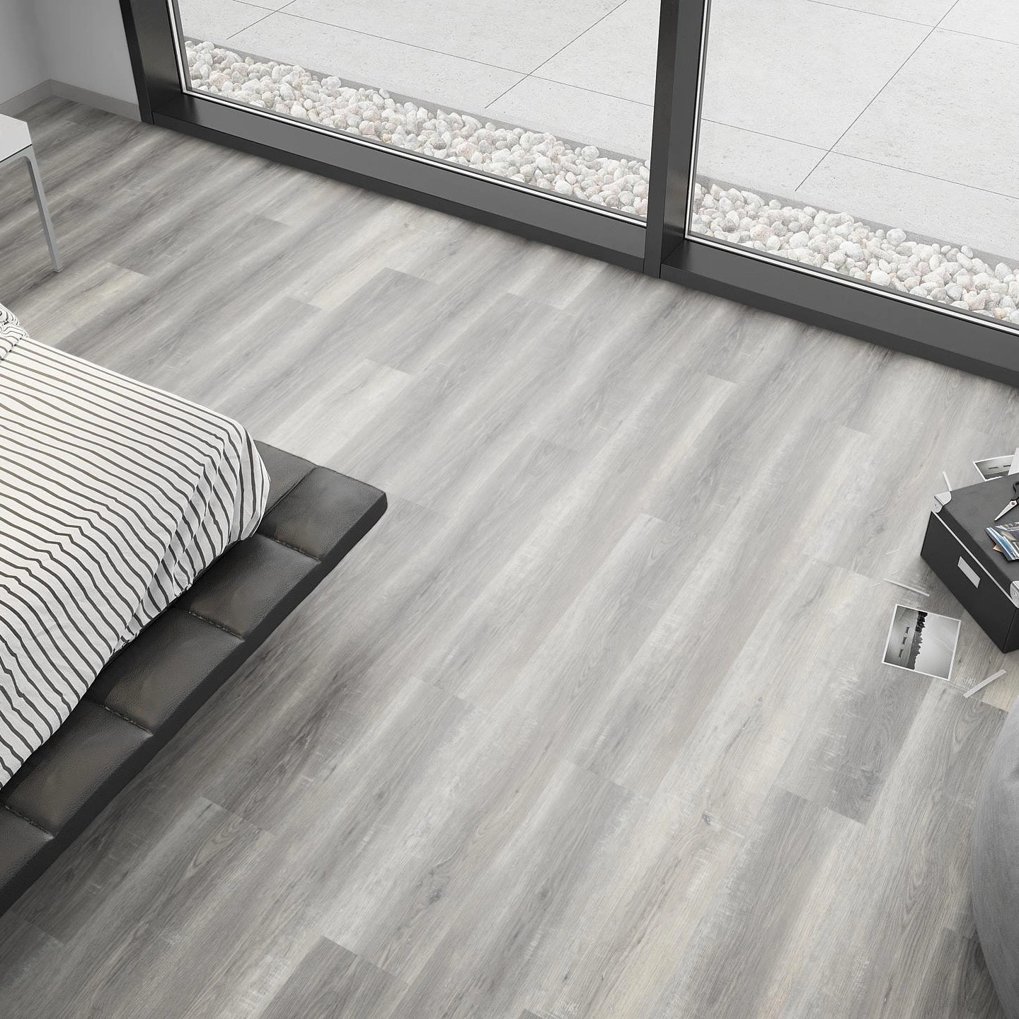 Milieubild Schlafzimmer mit Sitzkissen - nexflor Rigid Klick-Vinyl Apollo Click Collection Troy Oak Milieubild Schlafzimmer mit Sitzkissen - nexflor NXF-60030-004