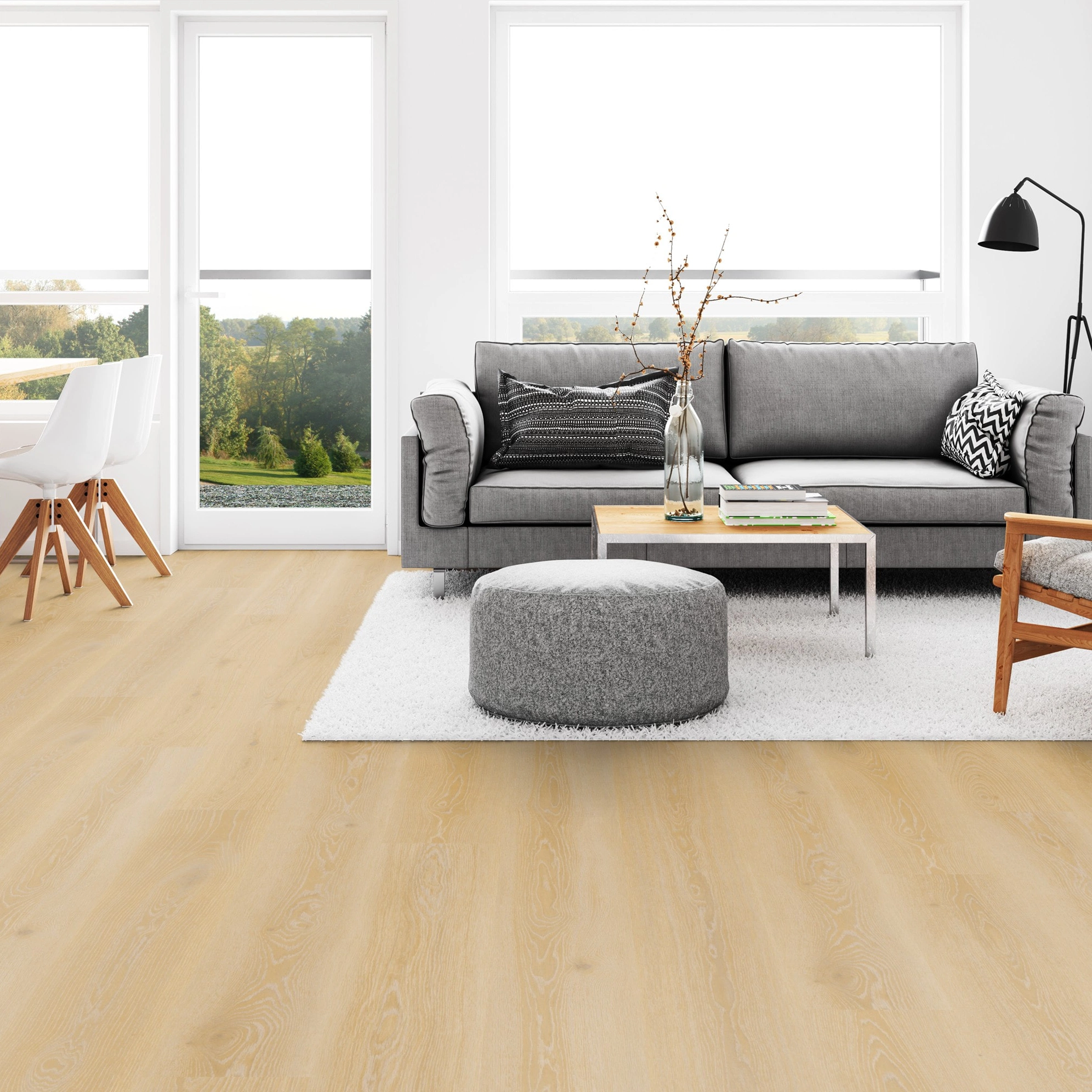 Milieubild Wohnzimmer mit Esszimmer - Tarkett Klebe-Vinyl Essence 55 Tribe Oak Light Natural Milieubild Wohnzimmer mit Esszimmer - Tarkett 260053007