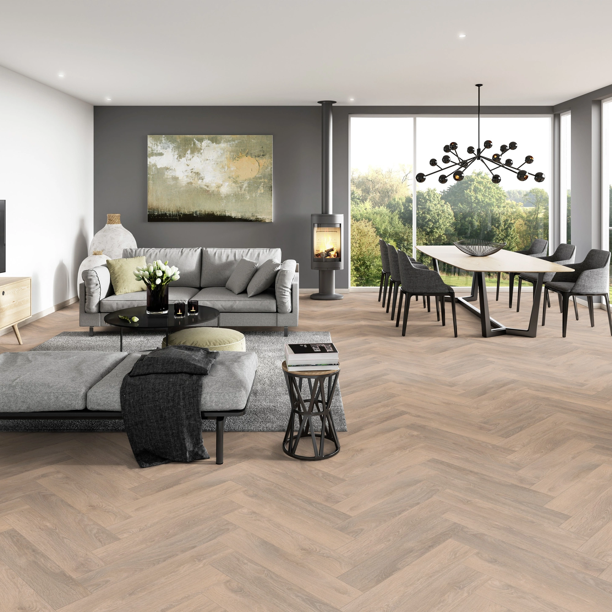 Milieubild Modernes Wohnzimmer mit Essbereich - ter Hürne Laminat Herringbone Edition Eiche Chalet Milieubild Modernes Wohnzimmer mit Essbereich - ter Hürne 1101021853