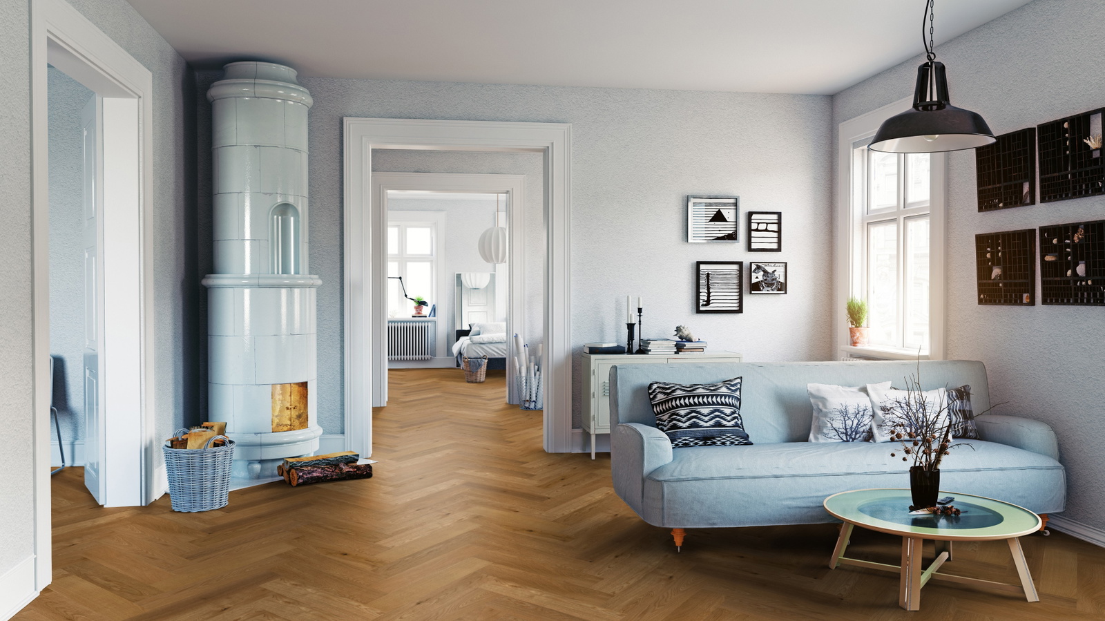 Milieubild Wohnzimmer mit Sofa und Kachelofen - Thede & Witte 52MSÖNF15EI50