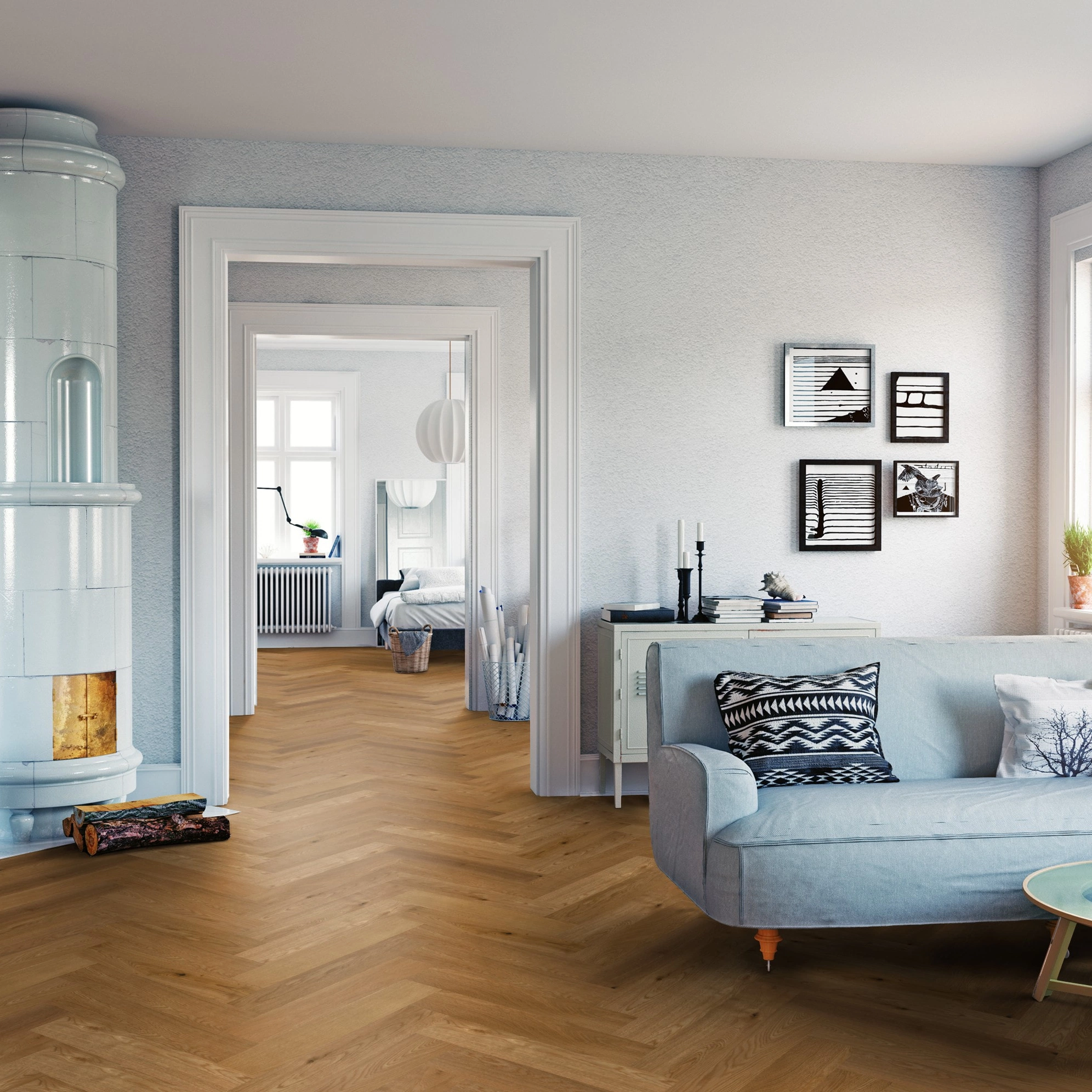 Milieubild Wohnzimmer mit Sofa und Kachelofen - Thede & Witte Parkett Maxistab Eiche Milieubild Wohnzimmer mit Sofa und Kachelofen - Thede & Witte 52MSÖNF15EI50