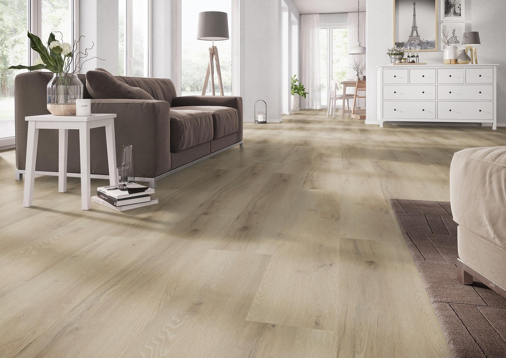 Milieubild Wohnzimmer mit Couch - nexflor Rigid Klick-Vinyl Helios Click Collection Ithaca Oak Milieubild Wohnzimmer mit Couch - nexflor NXF-20030-007