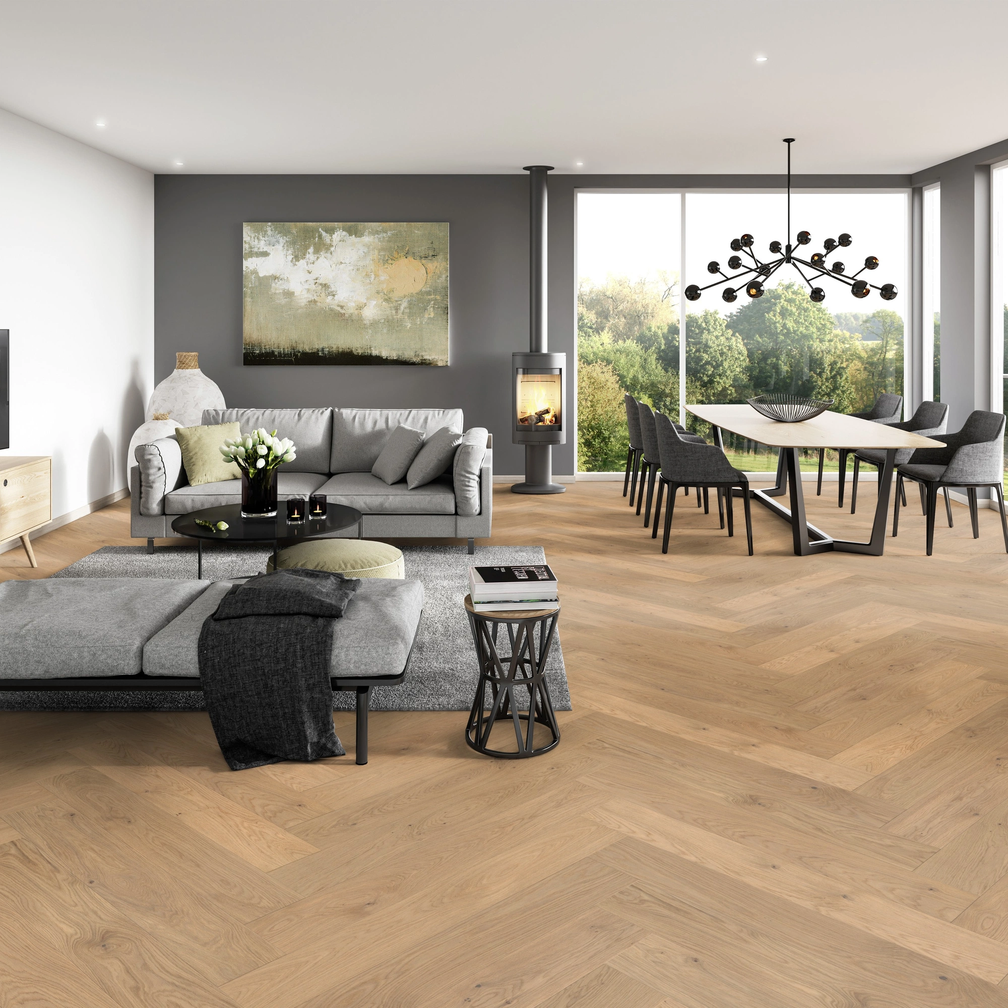 Milieubild Modernes Wohnzimmer mit Essbereich - ter Hürne Parkett Light Collection OLIO Eiche Kitzbühel Milieubild Modernes Wohnzimmer mit Essbereich - ter Hürne 1101312817