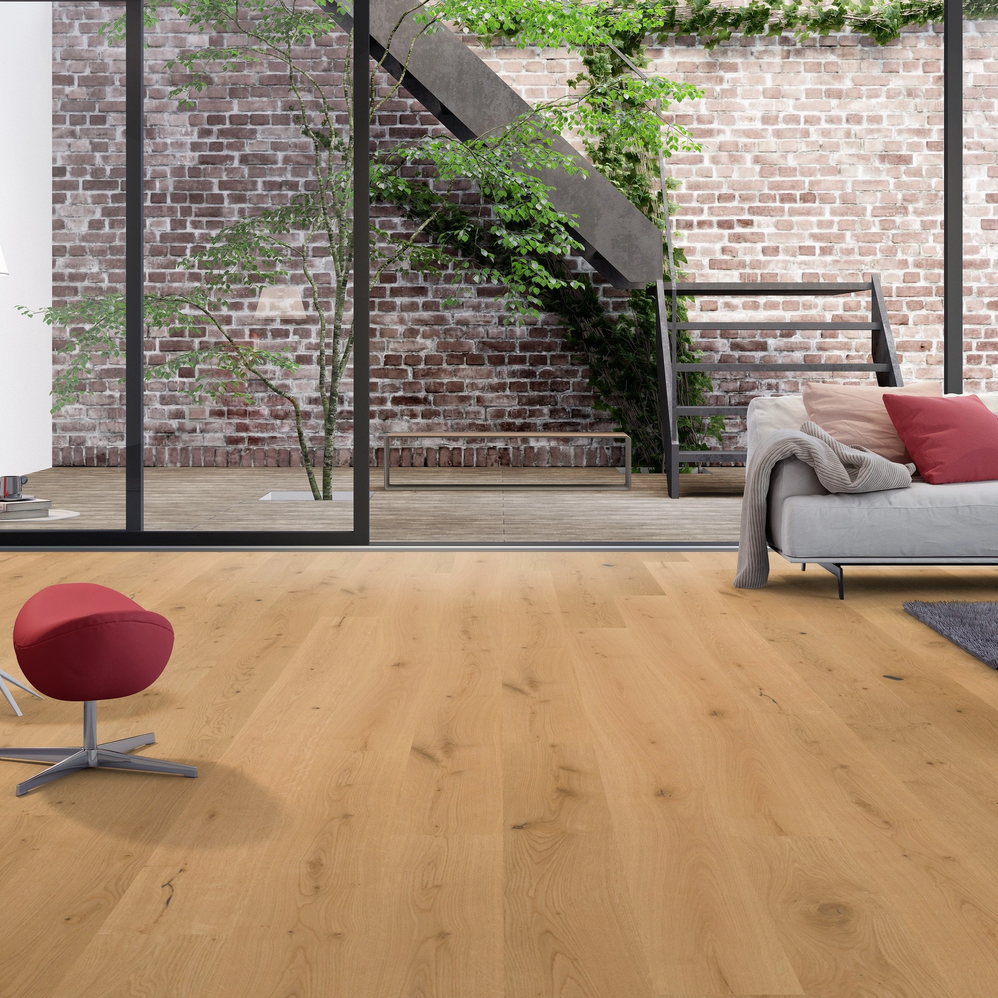 Milieubild Wohnzimmer mit Zugang zum Innenhof - Admonter Parkett FLOORs Eiche stone Milieubild Wohnzimmer mit Zugang zum Innenhof - Admonter 106188