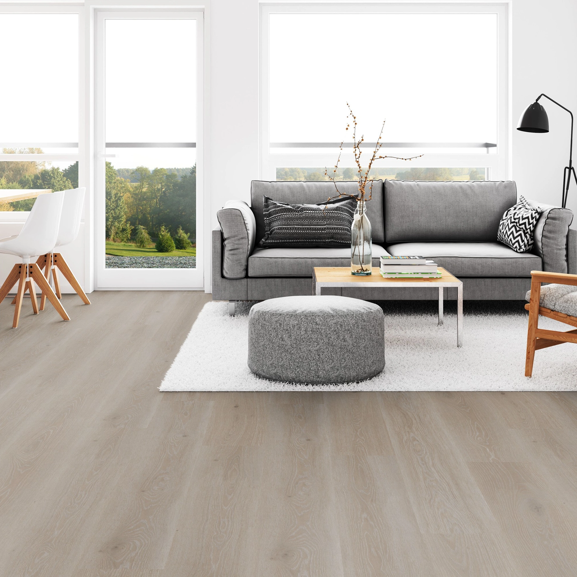Milieubild Wohnzimmer mit Esszimmer - Tarkett Klebe-Vinyl Essence 30 Tribe Oak Grey Milieubild Wohnzimmer mit Esszimmer - Tarkett 260055008