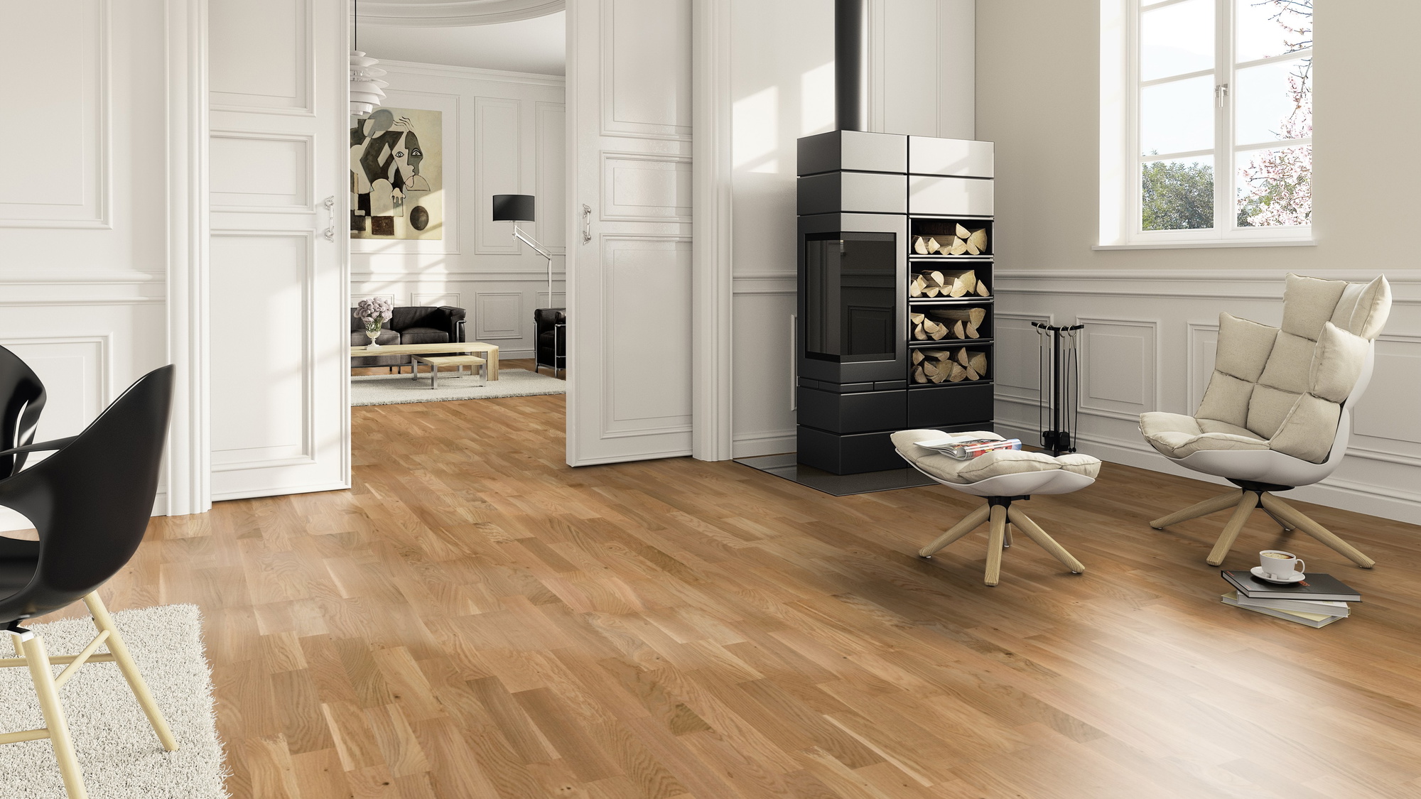 Milieubild Wohnzimmer im Landhaus-Stil mit Kamin - ter Hürne Parkett Elements Collection EVO Eiche Eira Milieubild Wohnzimmer im Landhaus-Stil mit Kamin - ter Hürne 1101312601
