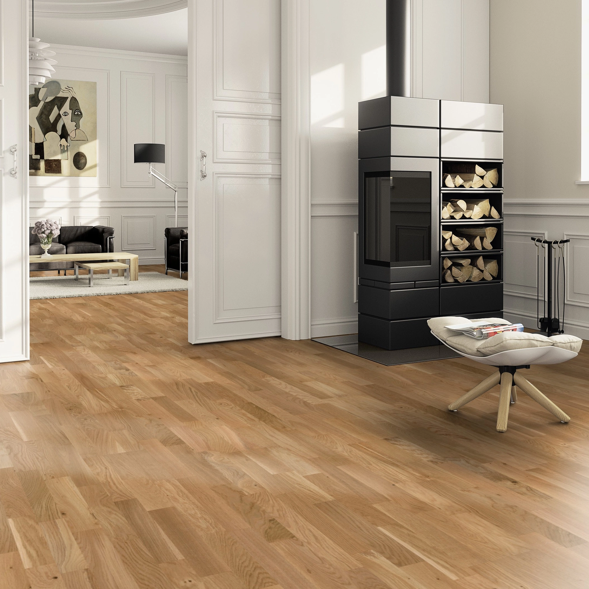 Milieubild Wohnzimmer im Landhaus-Stil mit Kamin - ter Hürne Parkett Elements Collection EVO Eiche Eira Milieubild Wohnzimmer im Landhaus-Stil mit Kamin - ter Hürne 1101312601