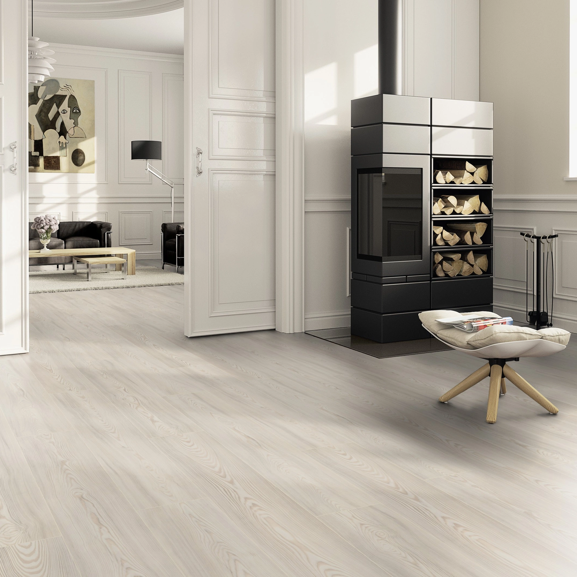 Milieubild Wohnzimmer im Landhaus-Stil mit Kamin - ter Hürne Klick-Designboden Dureco Strong Classic Edition Lärche Bornholm Milieubild Wohnzimmer im Landhaus-Stil mit Kamin - ter Hürne 1101260040