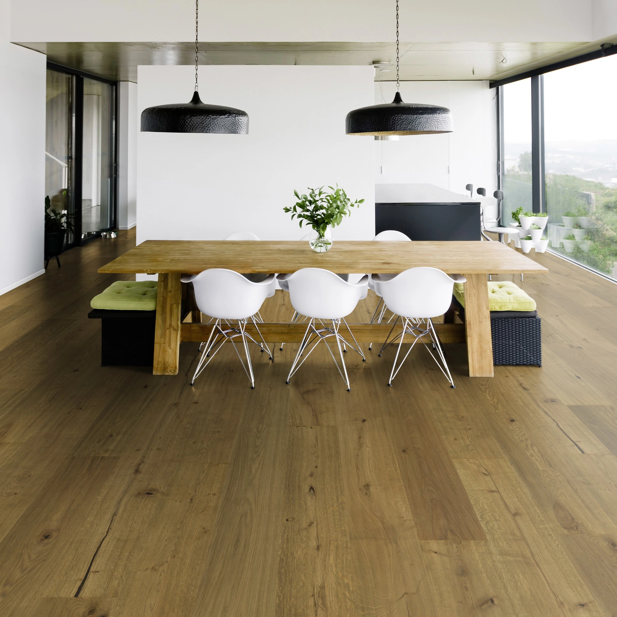 Milieubild Modernes Esszimmer mit Blick in die Natur - Bennett & Jones Parkett Grand Houses Oak No.17 Blenheim Milieubild Modernes Esszimmer mit Blick in die Natur - Bennett & Jones 1148012295