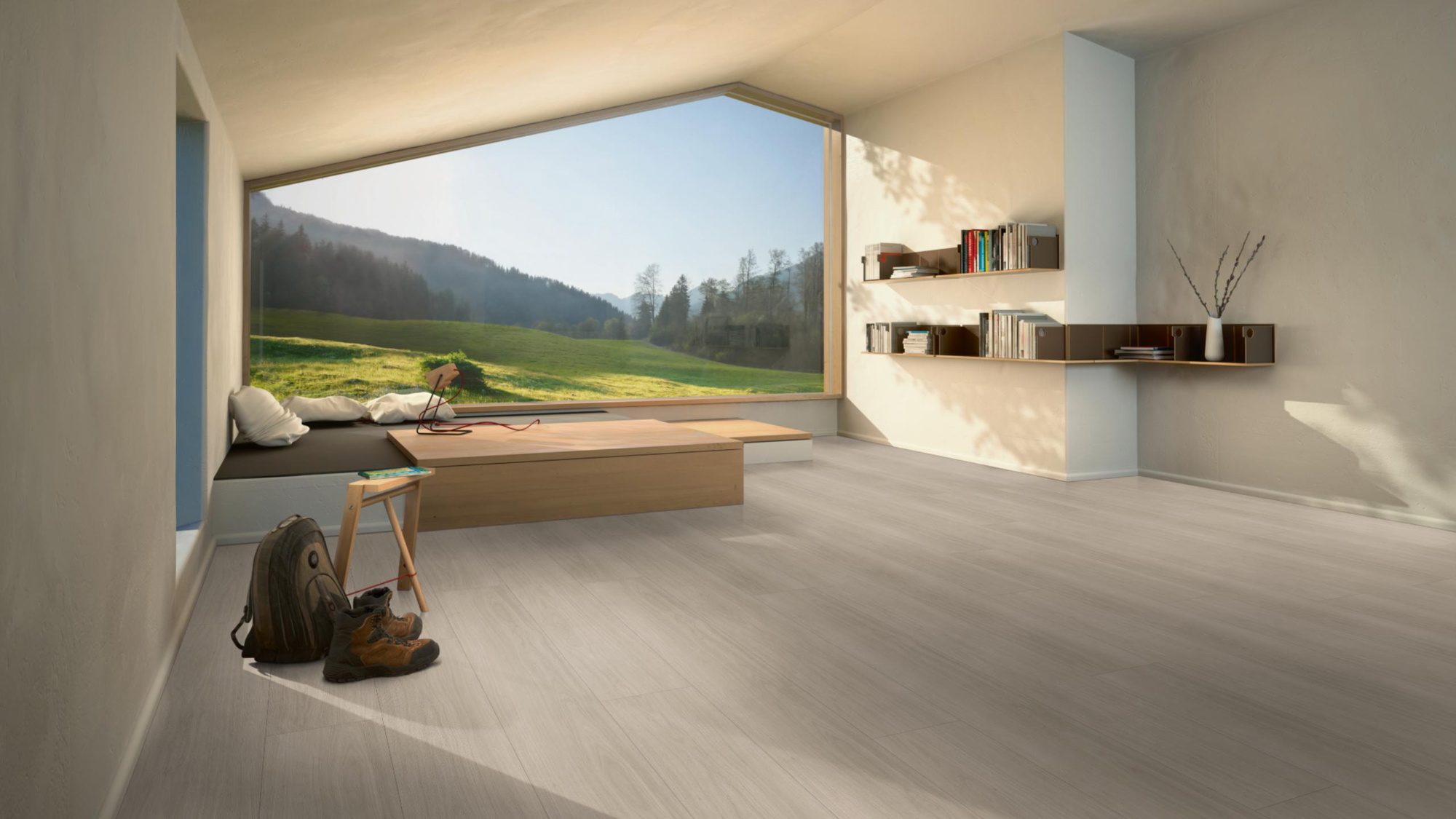 Milieubild Moderne Hütte mit Blick in die Natur - Parador HDF Klick-Designboden Modular ONE Eiche Artemis pearl Milieubild Moderne Hütte mit Blick in die Natur - Parador 1748730