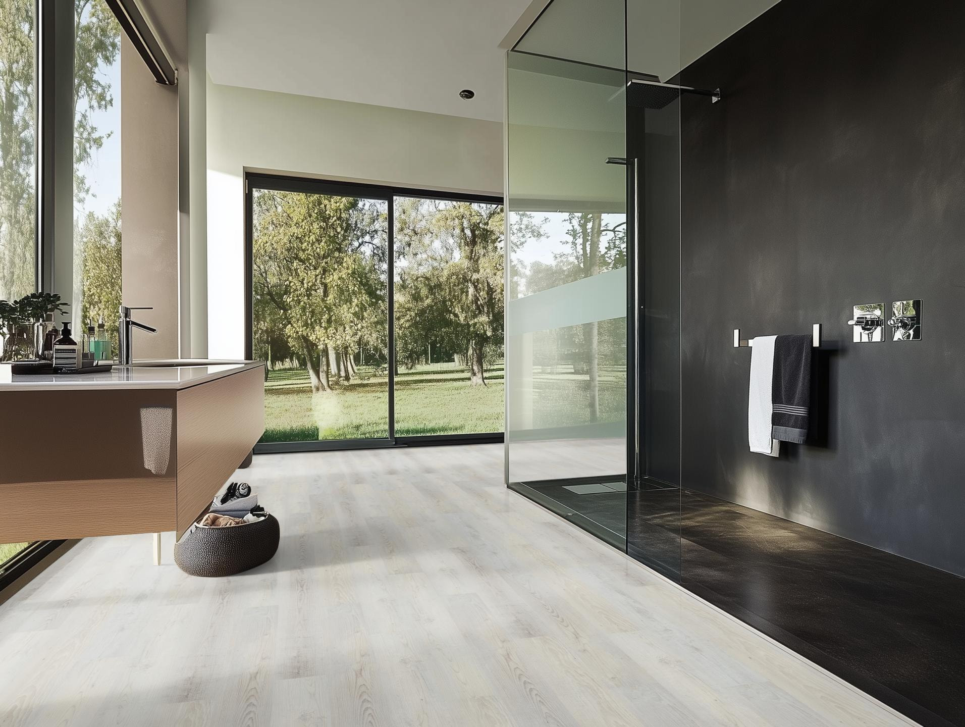 Milieubild Modernes Badezimmer mit bodentiefer Dusche - nexflor Rigid Klick-Vinyl Apollo Click Collection Pergamon Oak Milieubild Modernes Badezimmer mit bodentiefer Dusche - nexflor NXF-60030-008