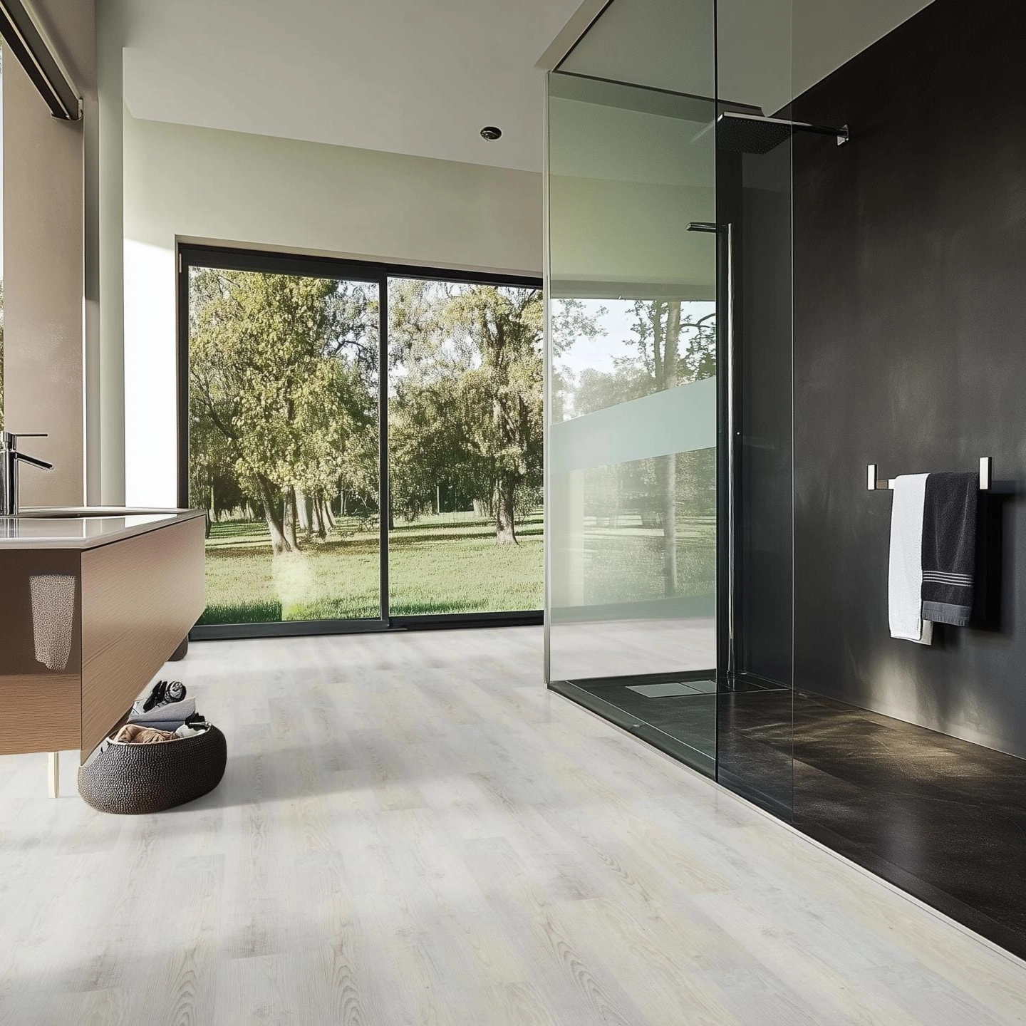 Milieubild Modernes Badezimmer mit bodentiefer Dusche - nexflor Rigid Klick-Vinyl Apollo Click Collection Pergamon Oak Milieubild Modernes Badezimmer mit bodentiefer Dusche - nexflor NXF-60030-008