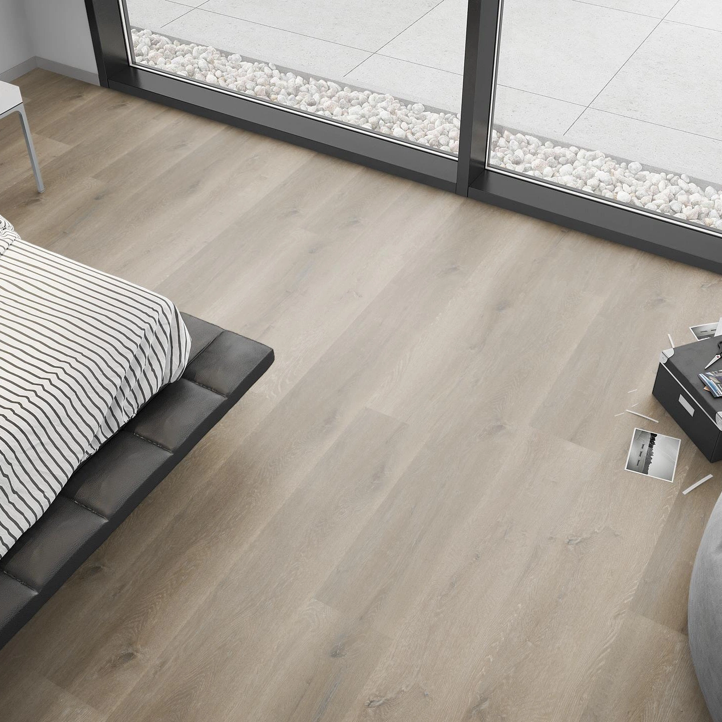 Milieubild Schlafzimmer mit Sitzkissen - nexflor Rigid Klick-Vinyl Helios Click Collection Miletus Oak Milieubild Schlafzimmer mit Sitzkissen - nexflor NXF-20030-002