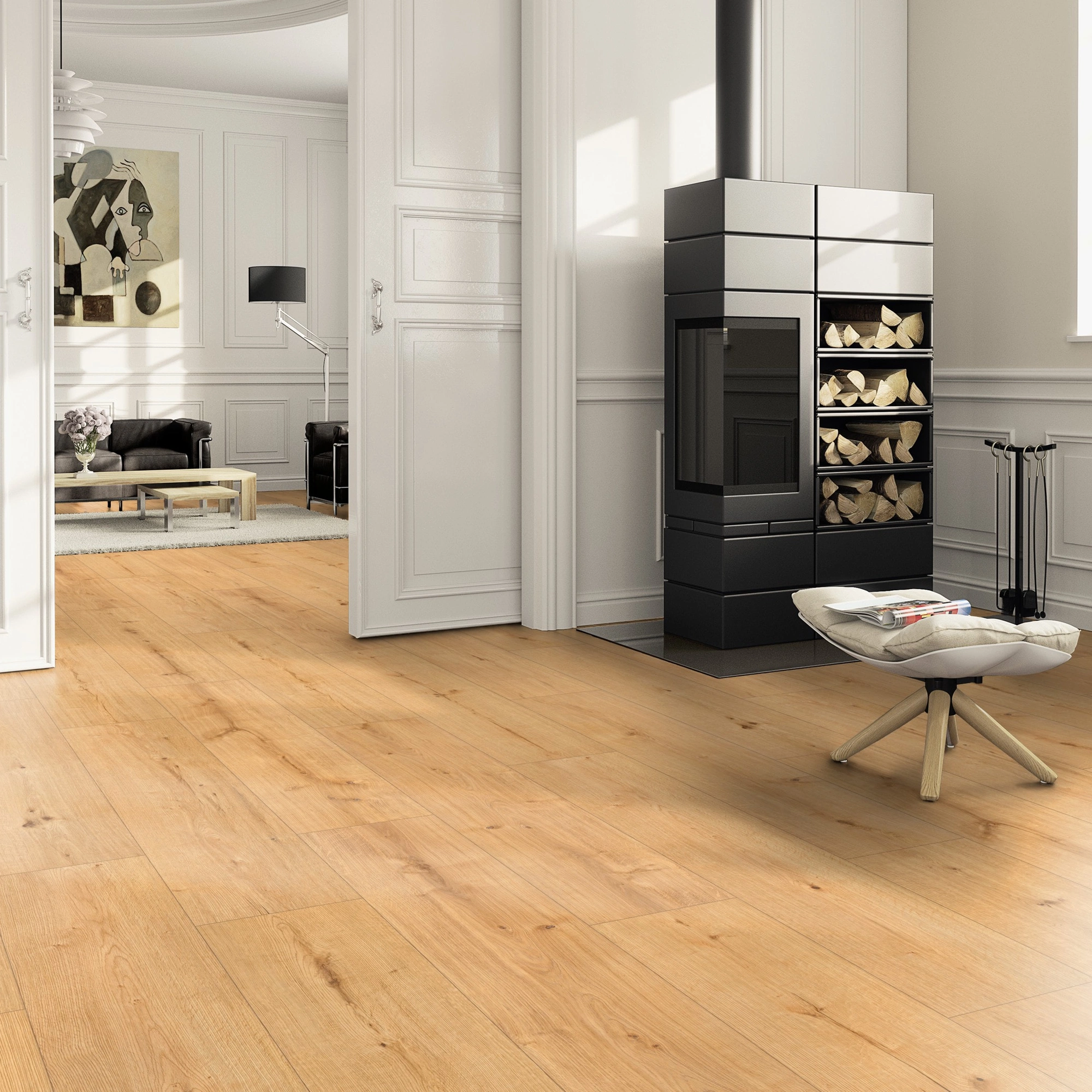 Milieubild Wohnzimmer im Landhaus-Stil mit Kamin - ter Hürne Klebe-Designboden Avatara Pro Classic Edition Eiche Libra Milieubild Wohnzimmer im Landhaus-Stil mit Kamin - ter Hürne 1101270105