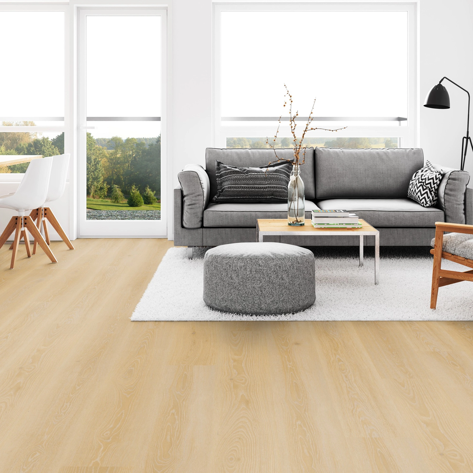 Milieubild Wohnzimmer mit Esszimmer - Tarkett Klebe-Vinyl Essence 30 Tribe Oak Light Natural Milieubild Wohnzimmer mit Esszimmer - Tarkett 260055007